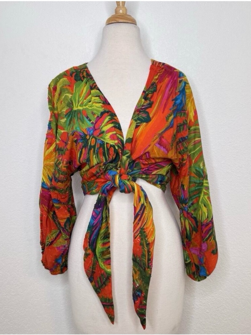 FARM Rio Tropical Tie-Front Crop Top in red, Orange, Green & Pink